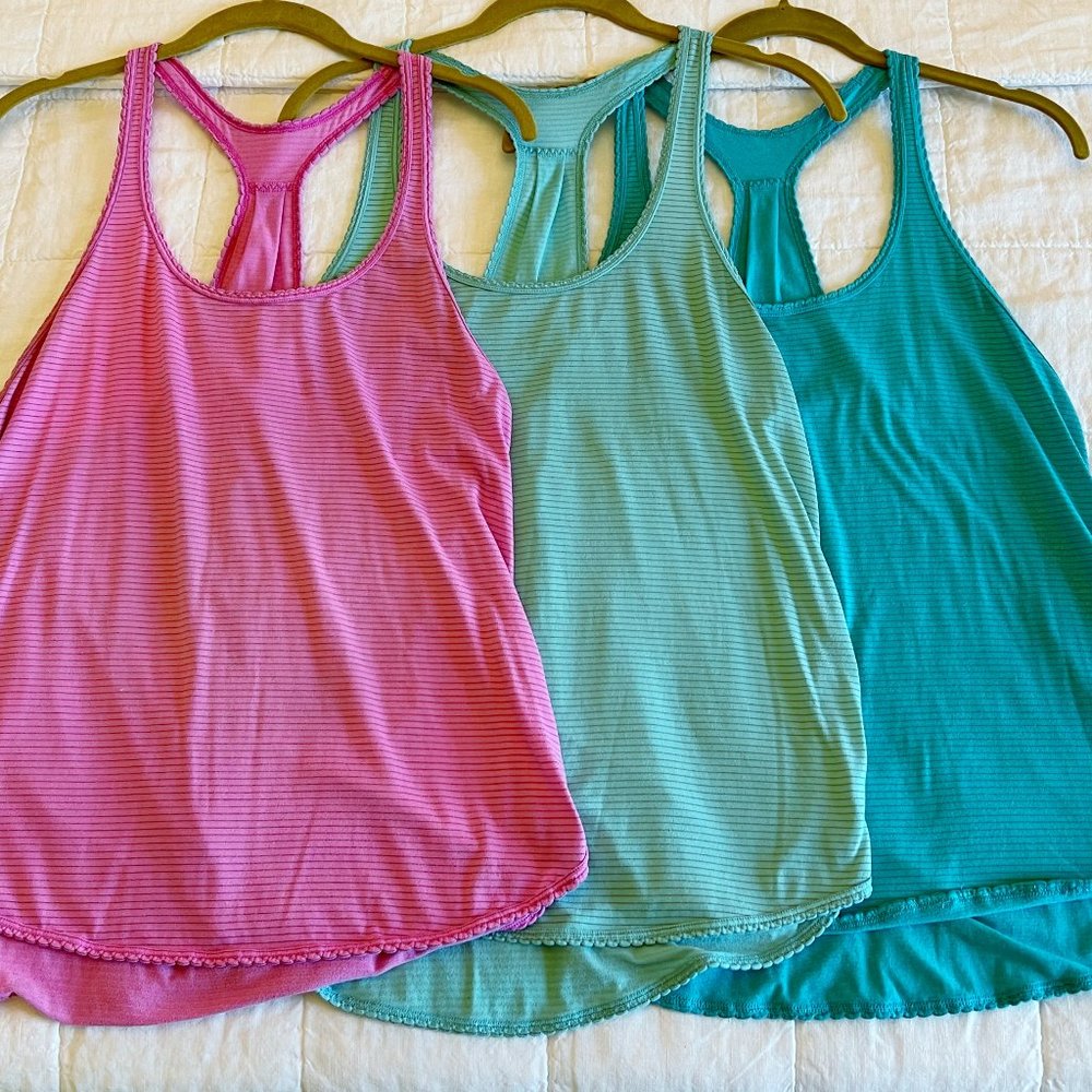 3 Lululemon 105F Singlets / Zing Pink Light, Angel Blue, Surge, size 4